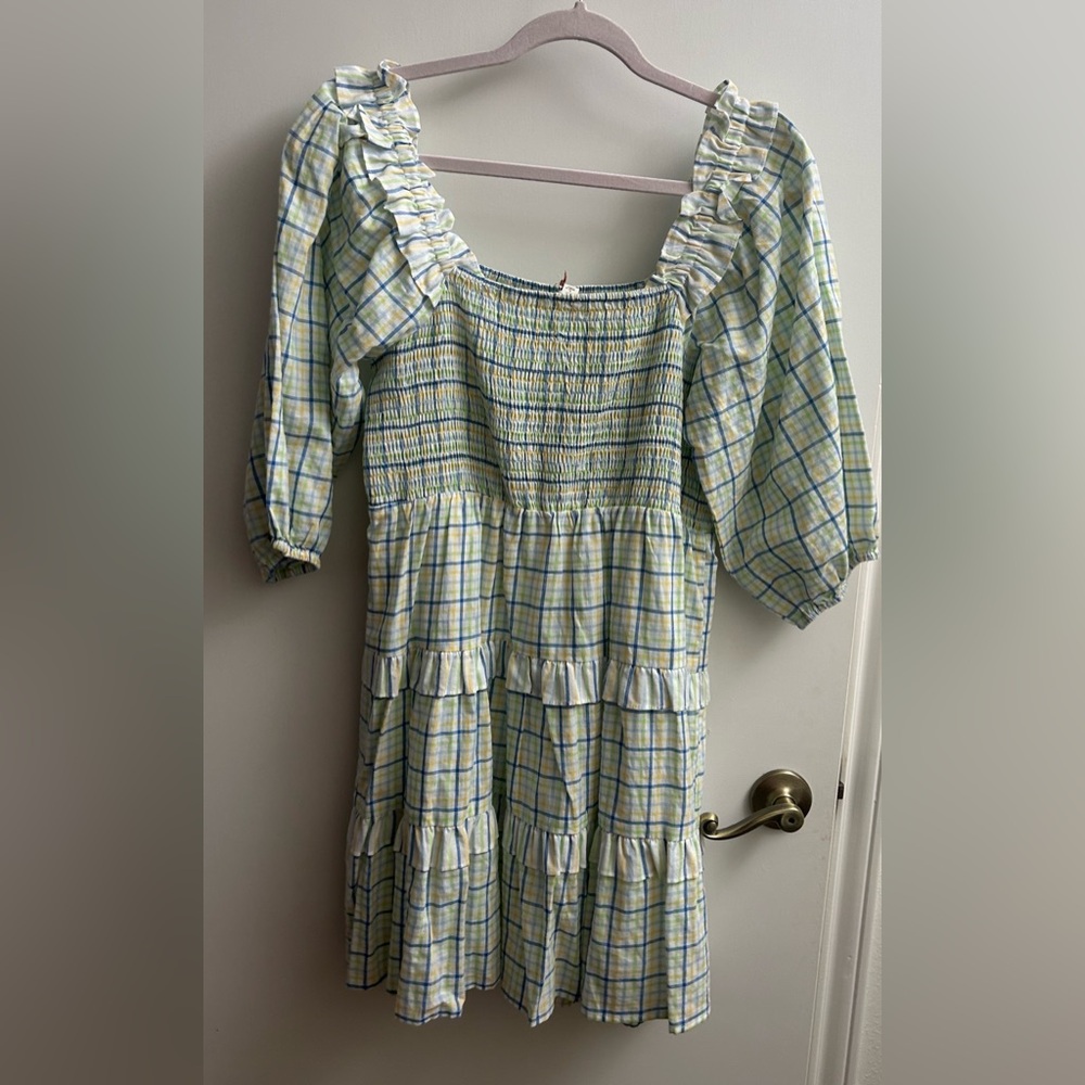 NWT Entro Pastel Plaid Smocked Dress. Size Large.